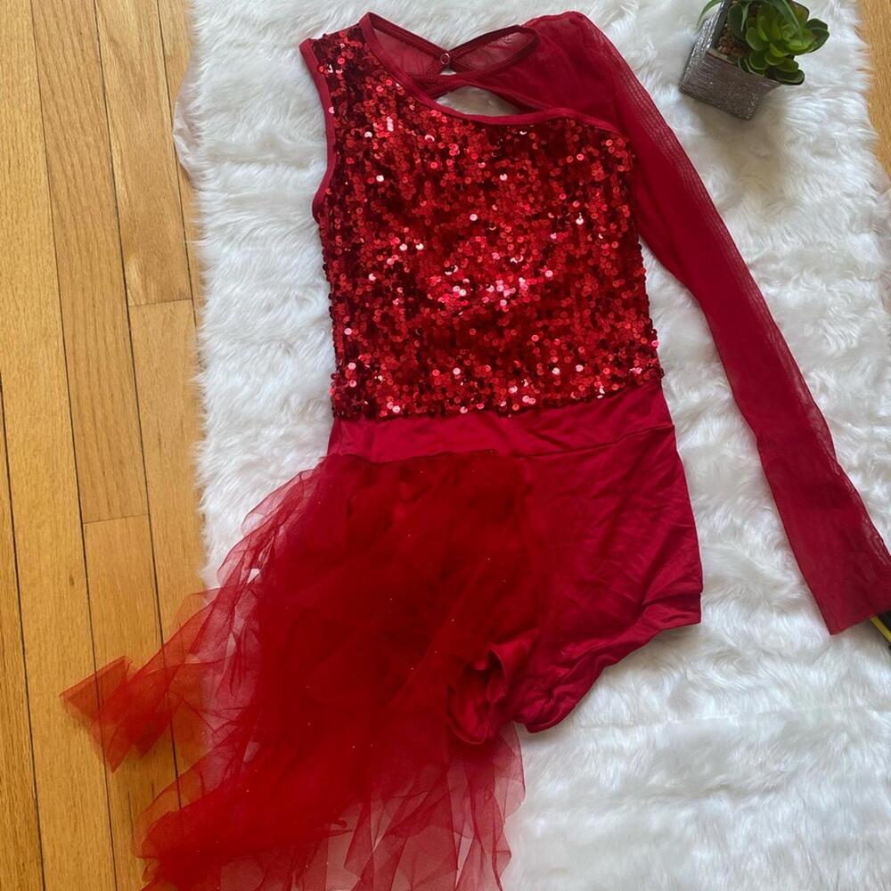 Red Sequin and Tulle Dance Costume Leotard